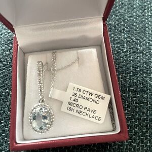NWT 1.75 CTW Aquamarine .35 Diamond 1.40 Micro Pave 18 K White Gold Necklace